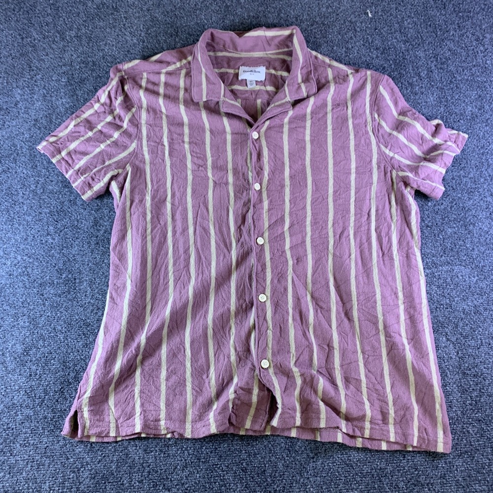 Goodfellow & Co Camp Shirt Mens XL Purple Beige Striped Short Sleeve Button Up